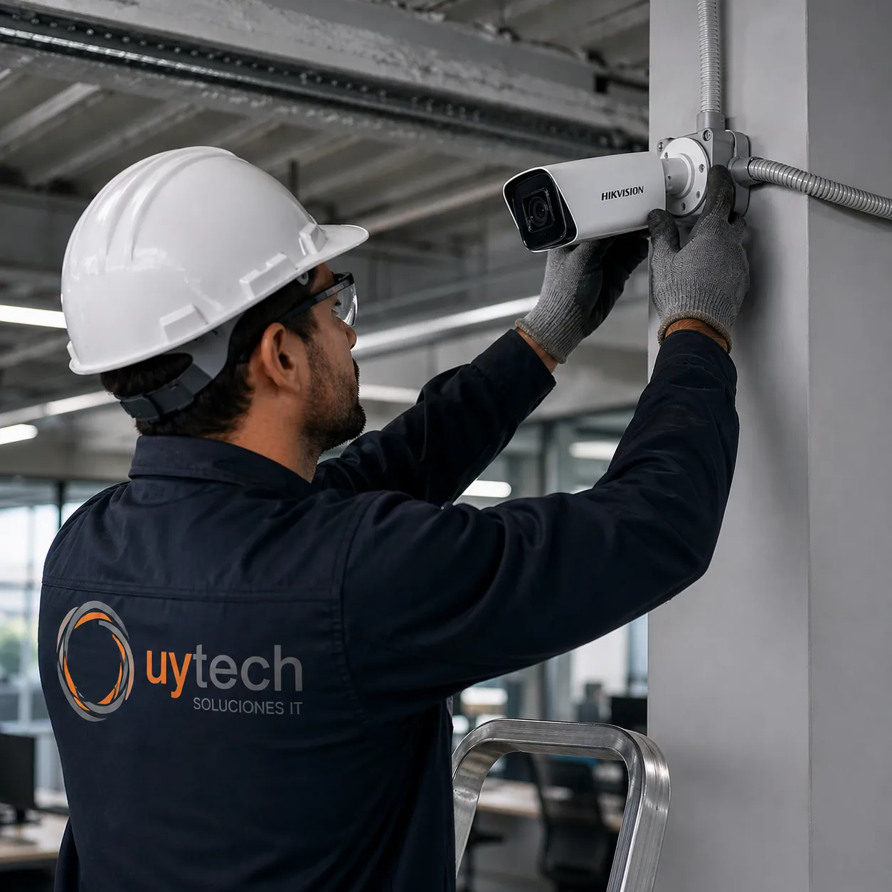 Técnico UYTECH instalando cámaras Hikvision