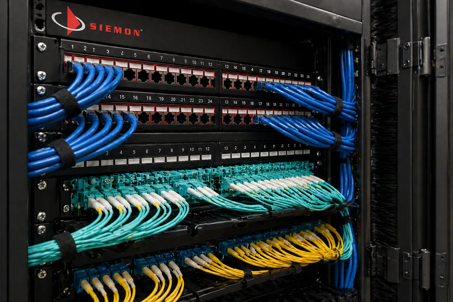 Patch panels y cableado Siemon ordenado en rack