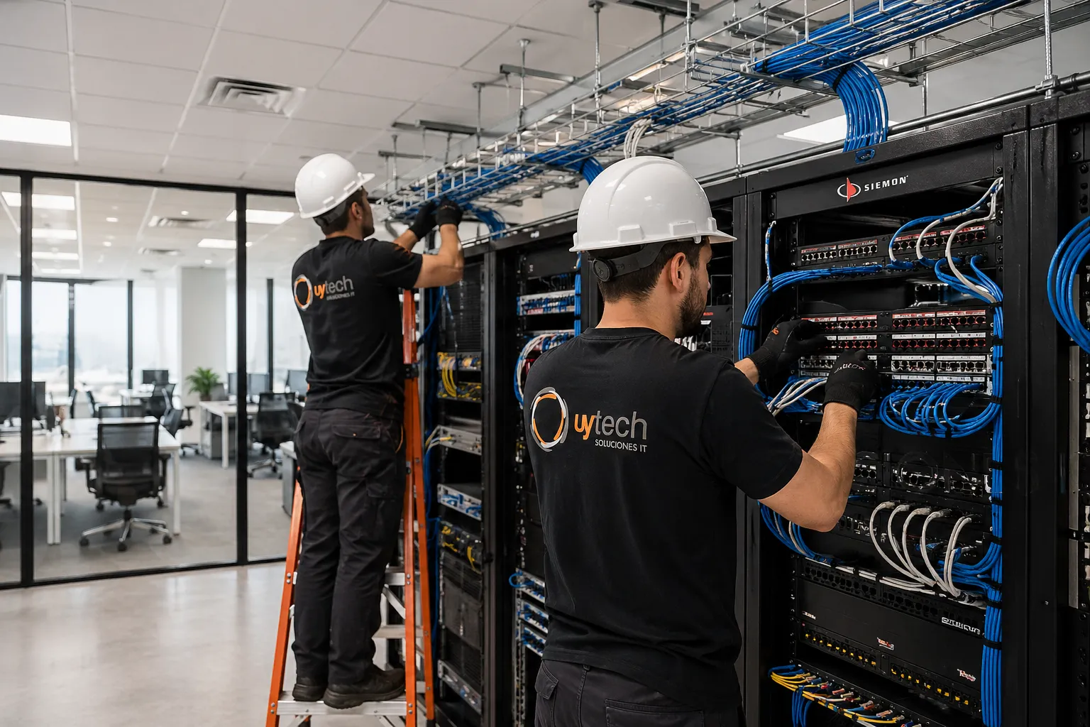 Técnicos UYTECH instalando cableado estructurado Siemon